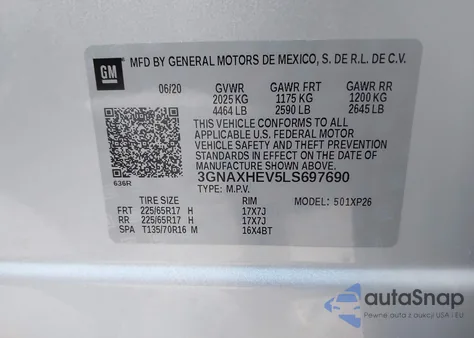 2020 Chevrolet Equinox Fwd Ls z USA, uszkodzony, nr VIN 3GNAXHEV5LS697690